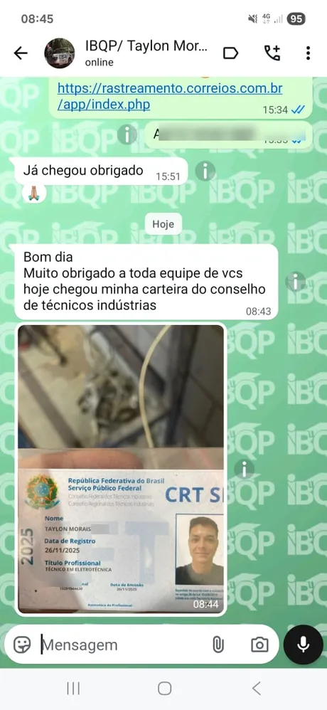 Mensagem de aluno agradecendo ao IBQP pela certificação (dados pessoais desfocados)